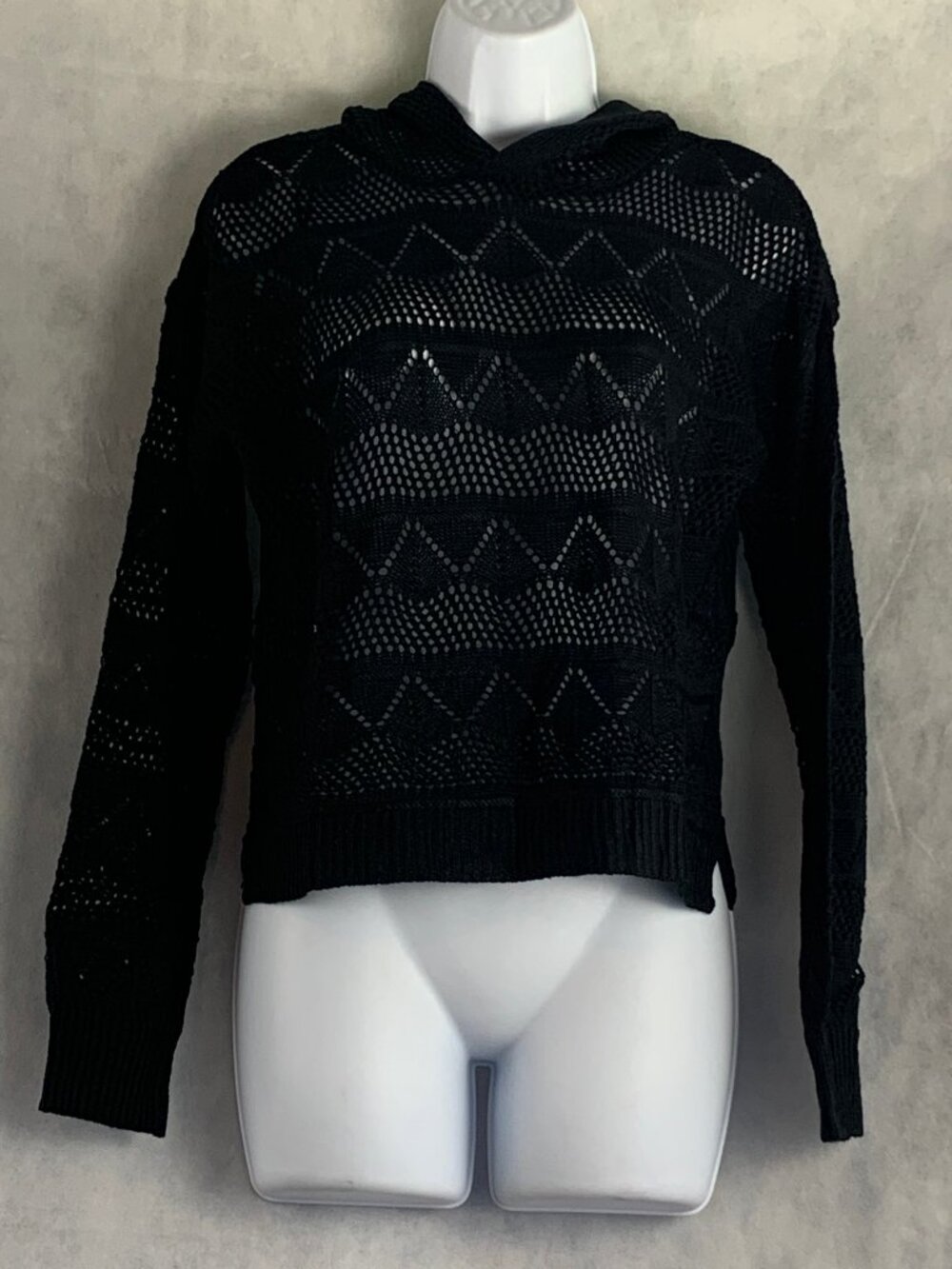 Ultra Flirt Juniors Pointelle-Knit Hooded Top Layer Sweater, Black, Small